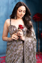 Grey Pure Georgette Sequins Embroidered Saree