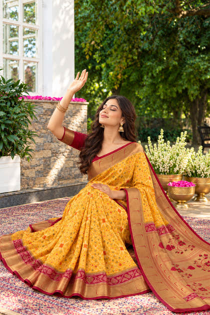 Mustard Silk Ikkat Woven Border Saree