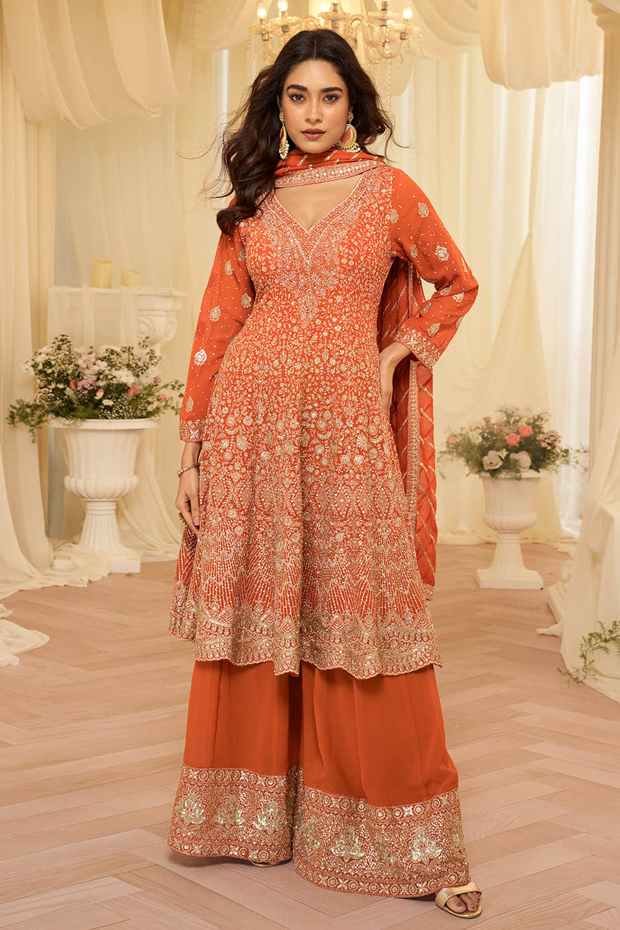 Orange Georgette Embroidered Anarkali Suit Set