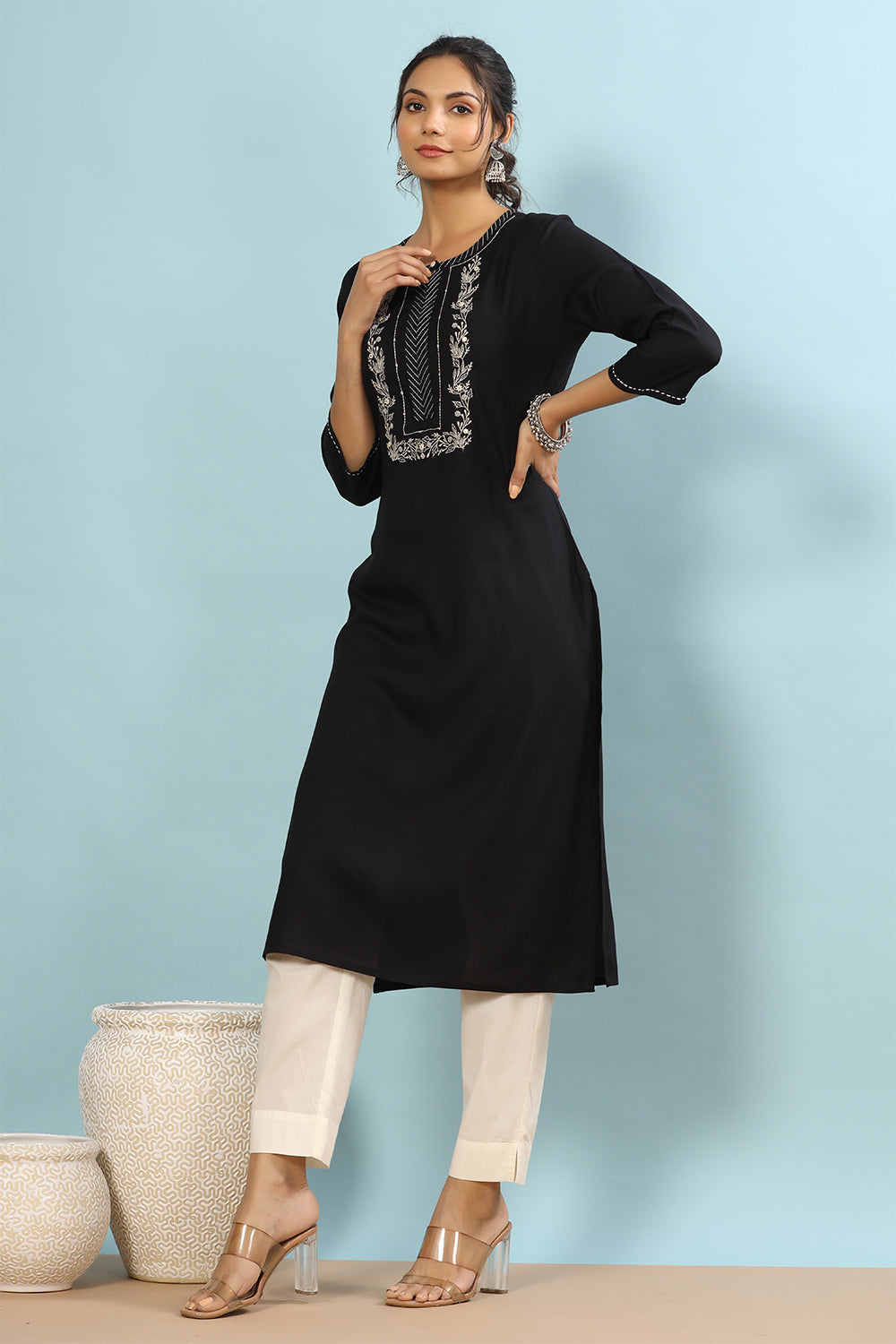 Black Color Cotton Embroidery Kurta