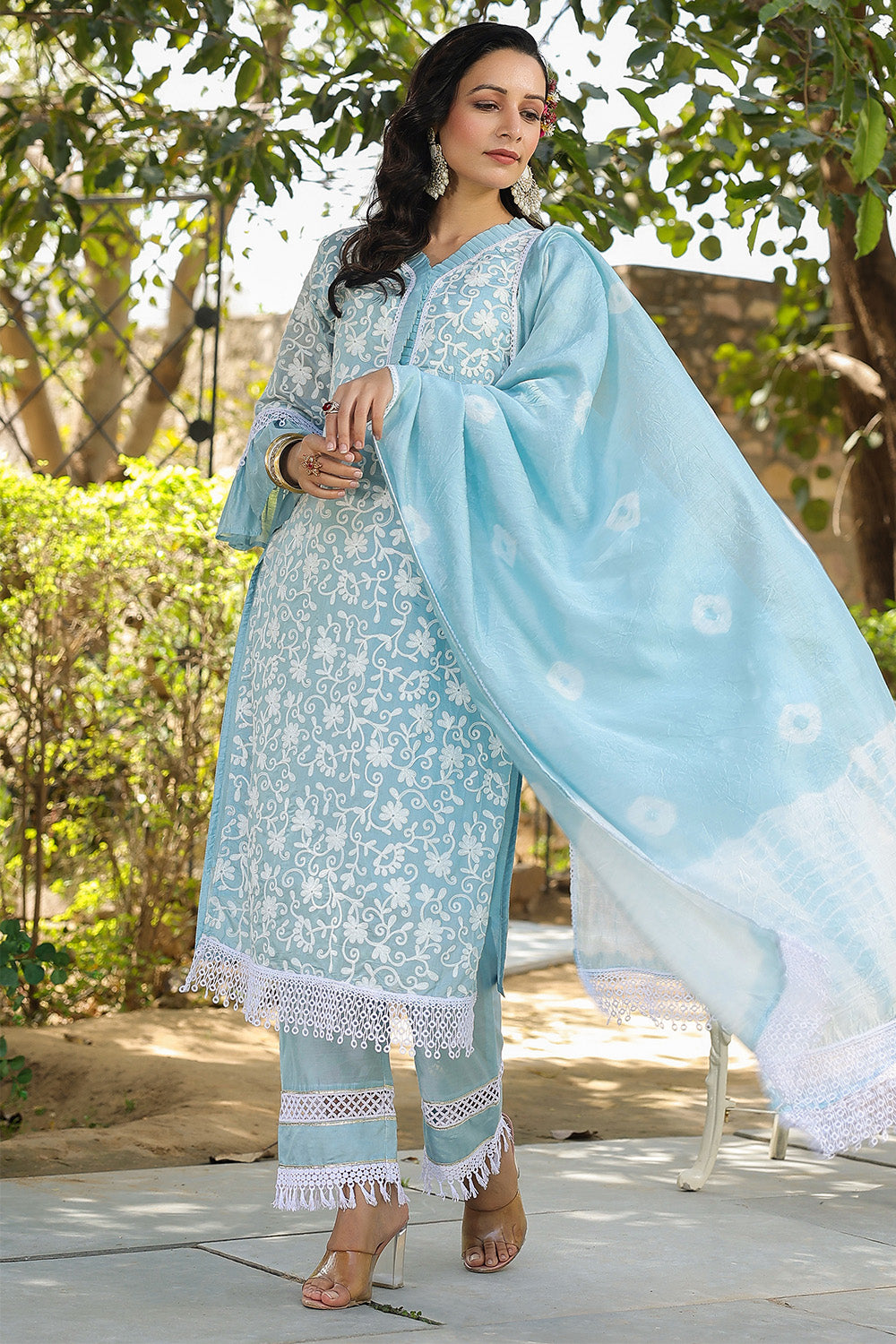 Powder Blue Color Chanderi Silk Resham Embroidered Suit