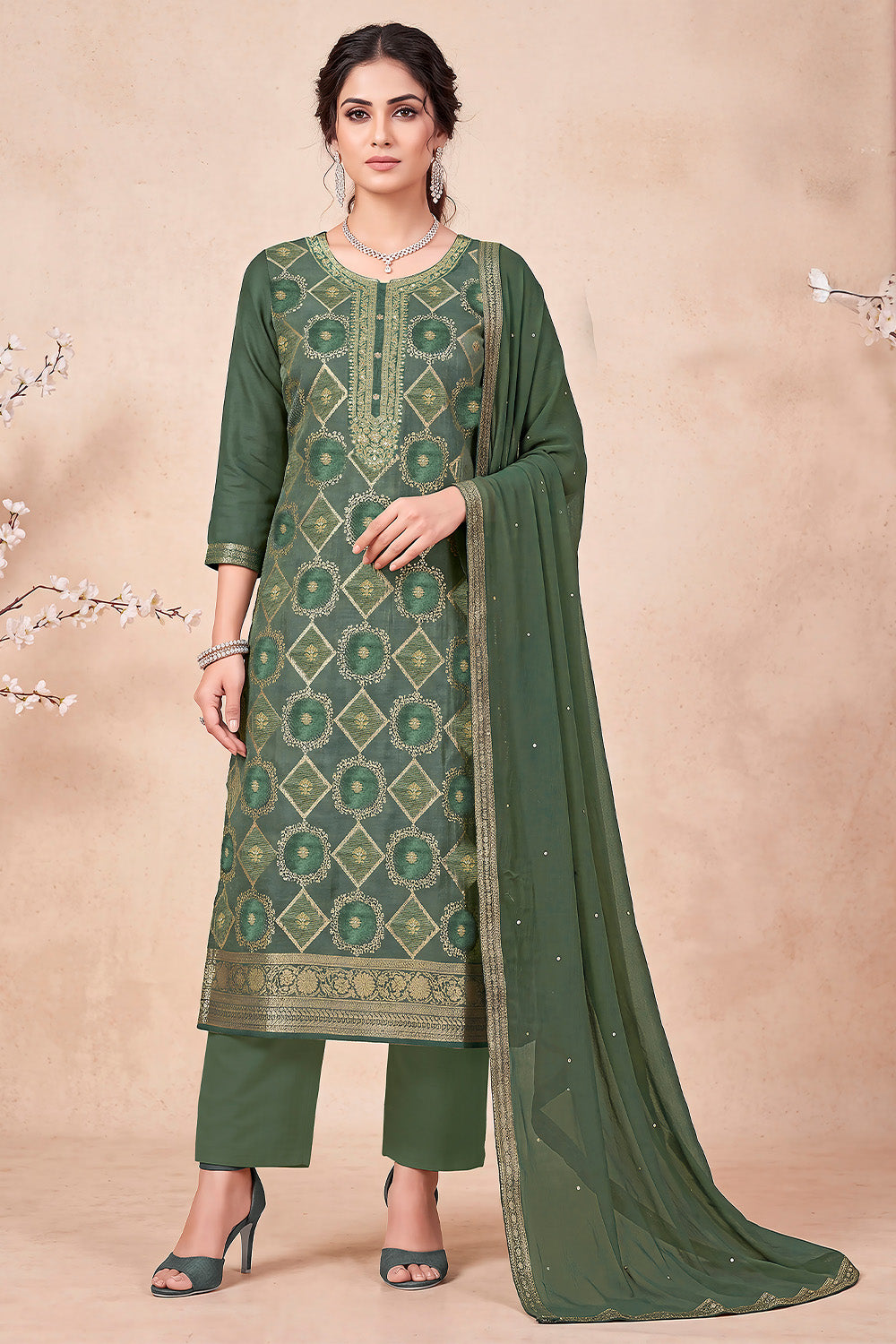 Green Zari Woven Silk Unstitched Suit Fabric