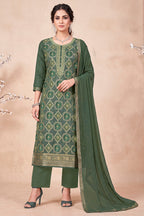 Green Zari Woven Silk Unstitched Suit Fabric