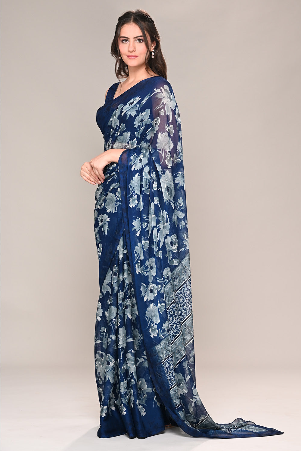 Navy Color Floral Printed Chiffon Saree