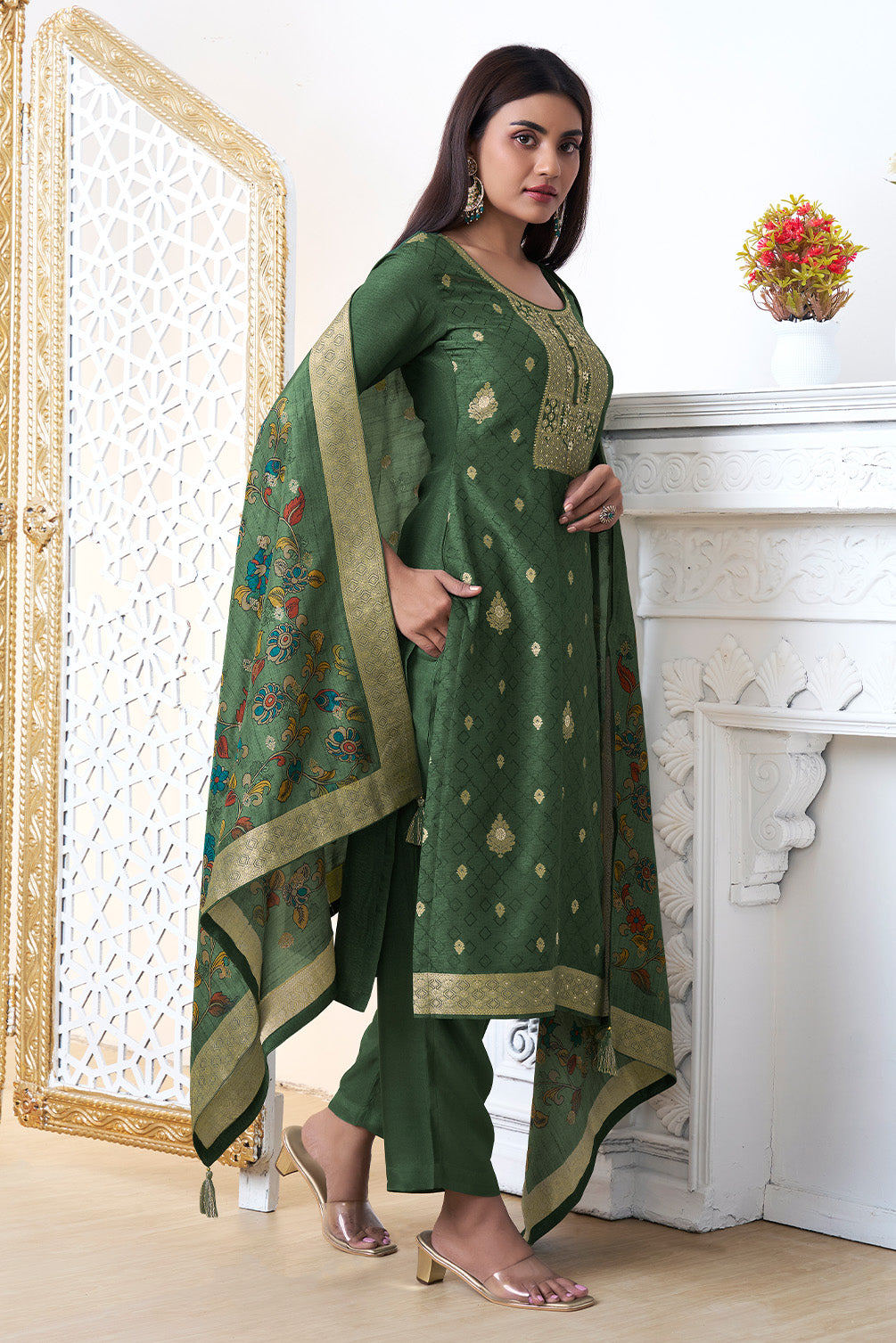 Green Silk Zari Woven Suit Set