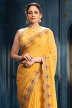 Pale Yellow Pure Georgette Resham, Zari and Sequins Embroidered Saree