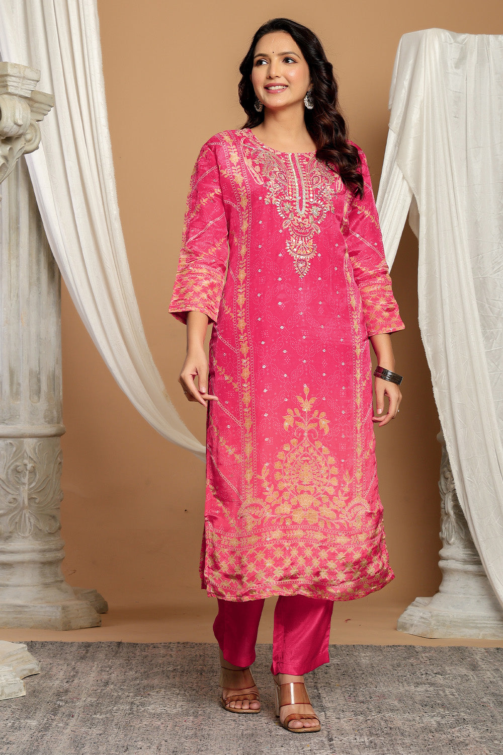 Magenta Pink Chanderi Silk Printed Straight Suit