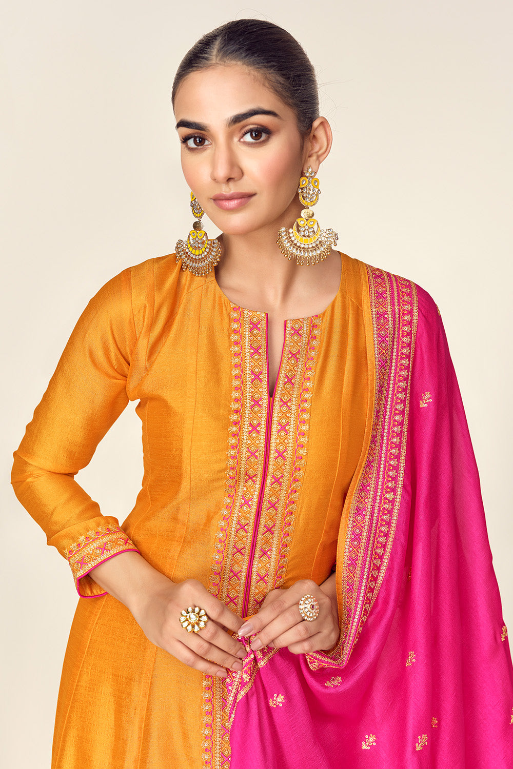 Mustard Color Embroidered Crepe Silk Suit