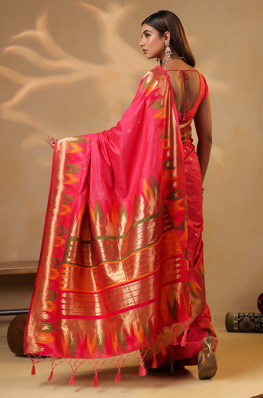 Strawberry Color Cotton Silk Woven Saree