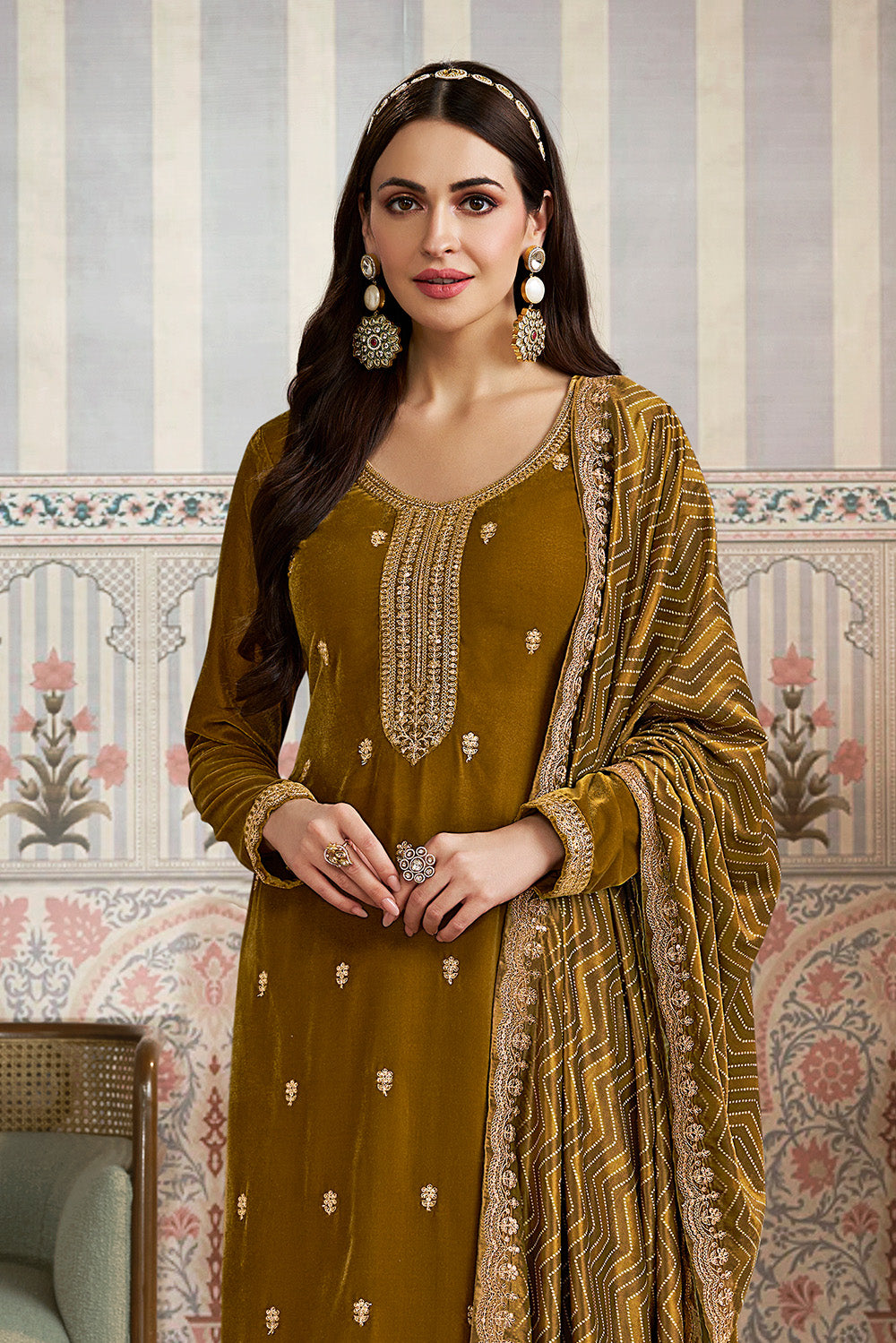 Sage Green Velvet Sequins and Zari Embroidered Unstitched Suit Fabric