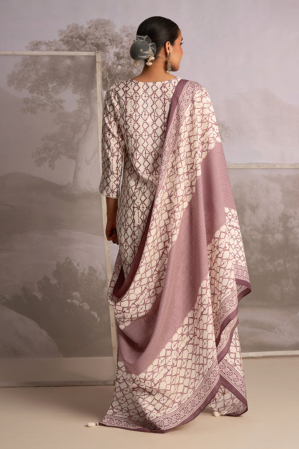 Cream & Rust Color Muslin Printed Suit