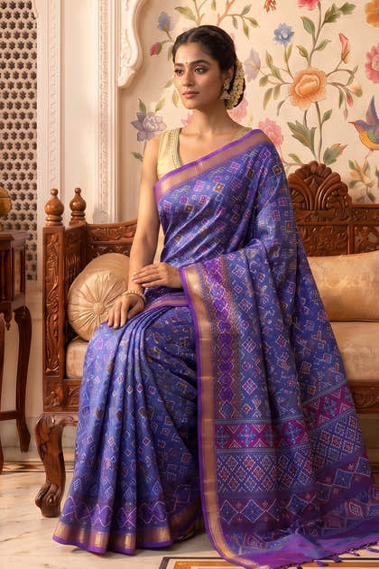 Blue Cotton Printed And Woven Border Saree