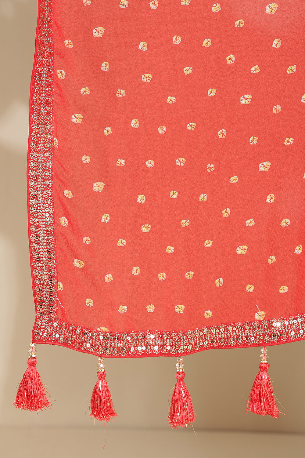 Red Color Georgette Bandhani Printed and Embroidered Saree With Readymade Blouse