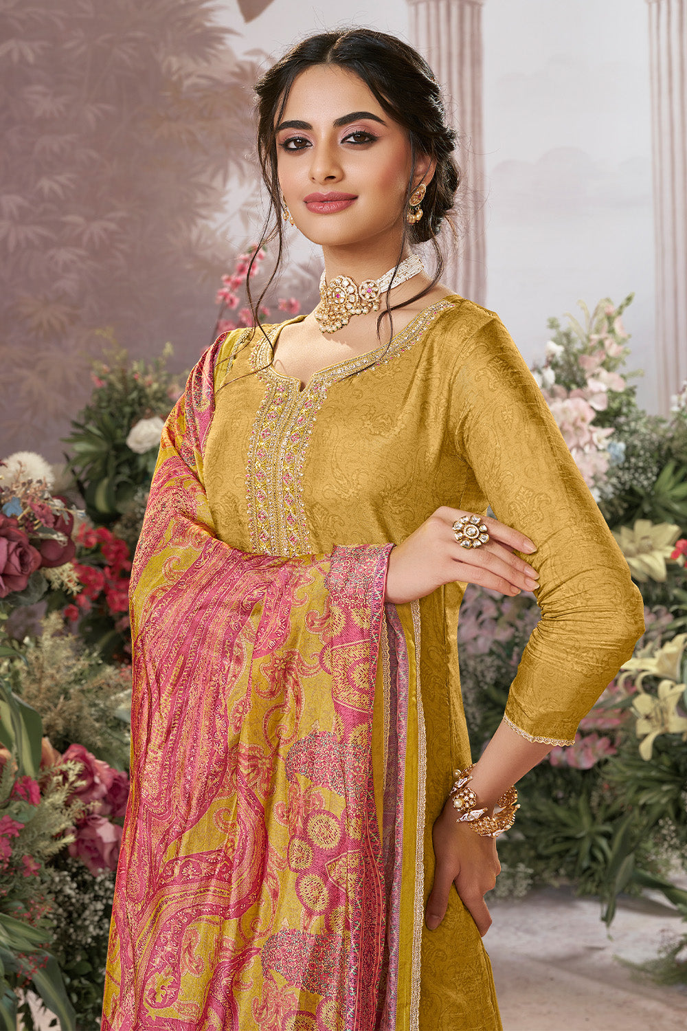 Mustard Neck-Embroidered And Printed Suit Set