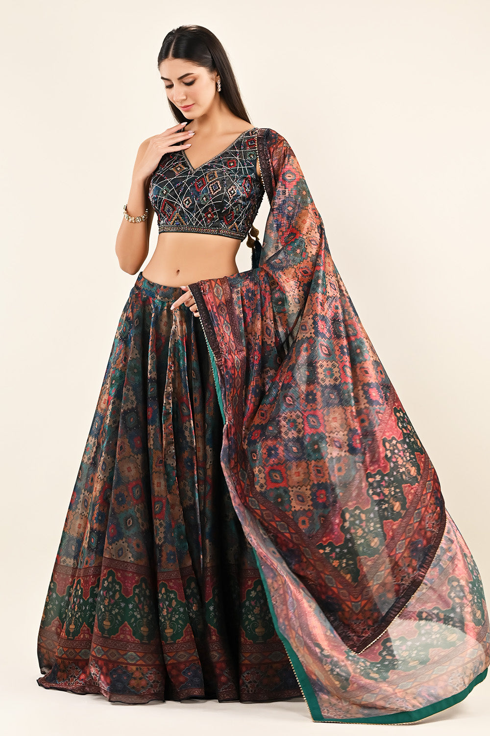 Bottle Green Color Lurex Organza Printed Lehenga