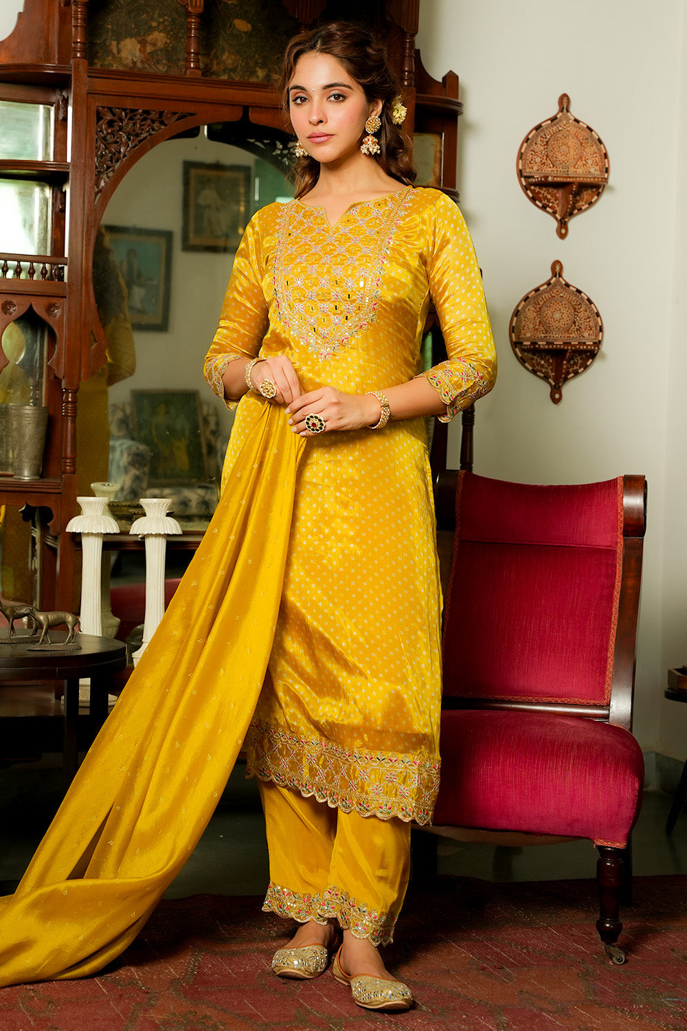 Mustard Color Embroidered Crepe Straight Suit