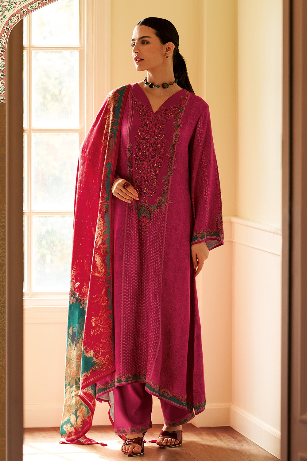 Light Burgundy Spun Printed and Embroidered Unstitched Suit Material