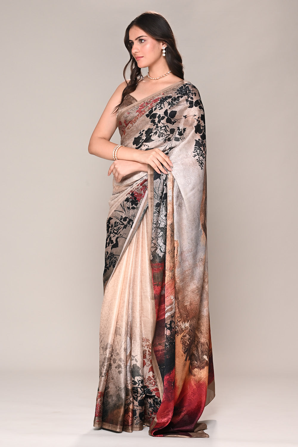Beige Color Jacquard Silk Printed Saree