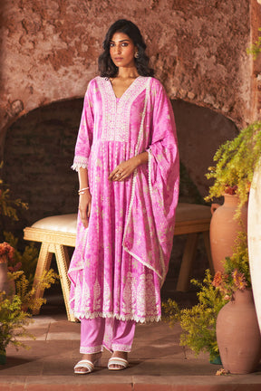Cadillac Pink Color Cotton Floral Printed and Resham Embroidered AnarkalI Suit