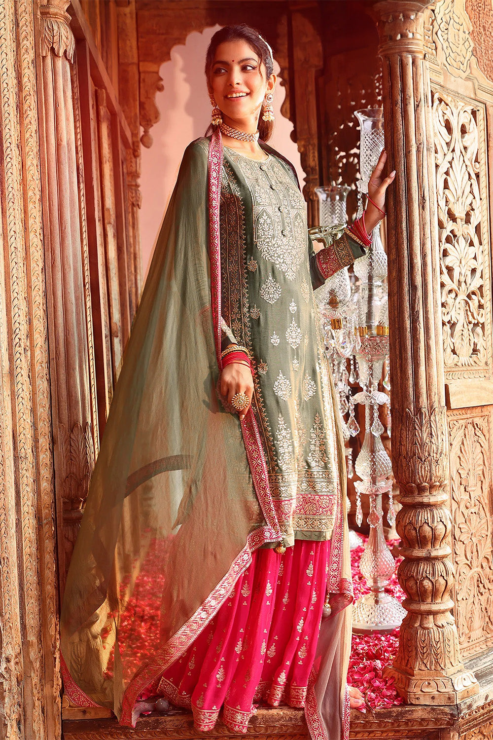 Olive Green Georgette Embroidered Suit with Gharara