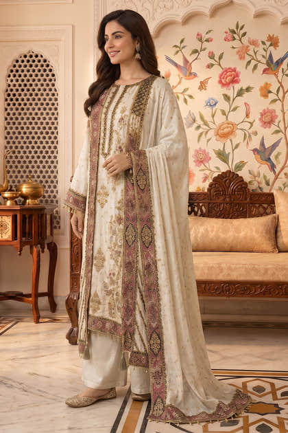 Cream Crepe Silk Printed And Handwork Suit