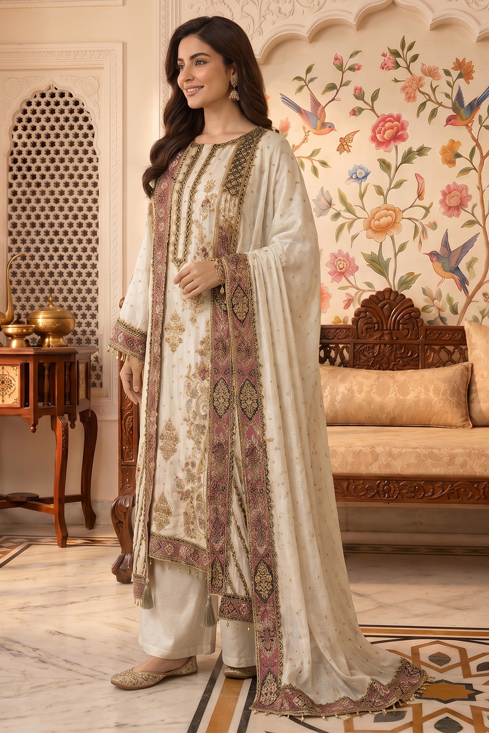 Cream Crepe Silk Printed And Handwork Suit