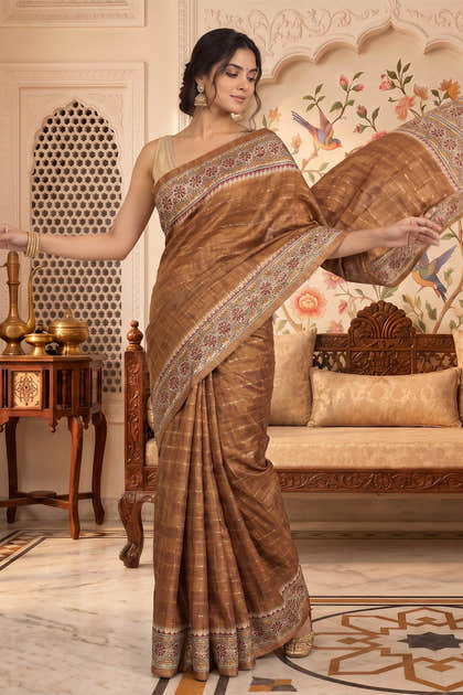 Brown Tussar Silk Printed And Zari Taar Woven Saree