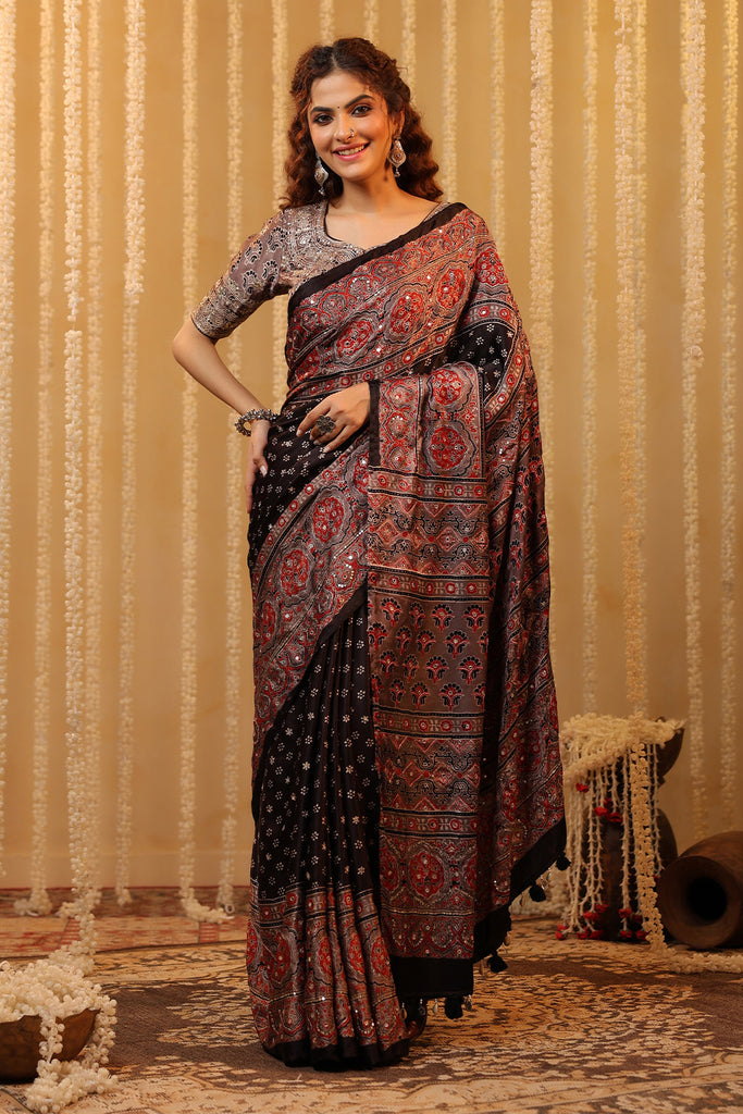 Black & Grey Pure Mulberry Silk Printed And Embroidered Saree