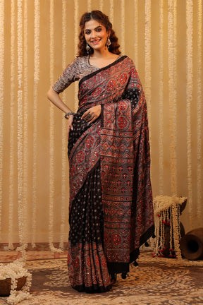 Black & Grey Pure Mulberry Silk Printed And Embroidered Saree