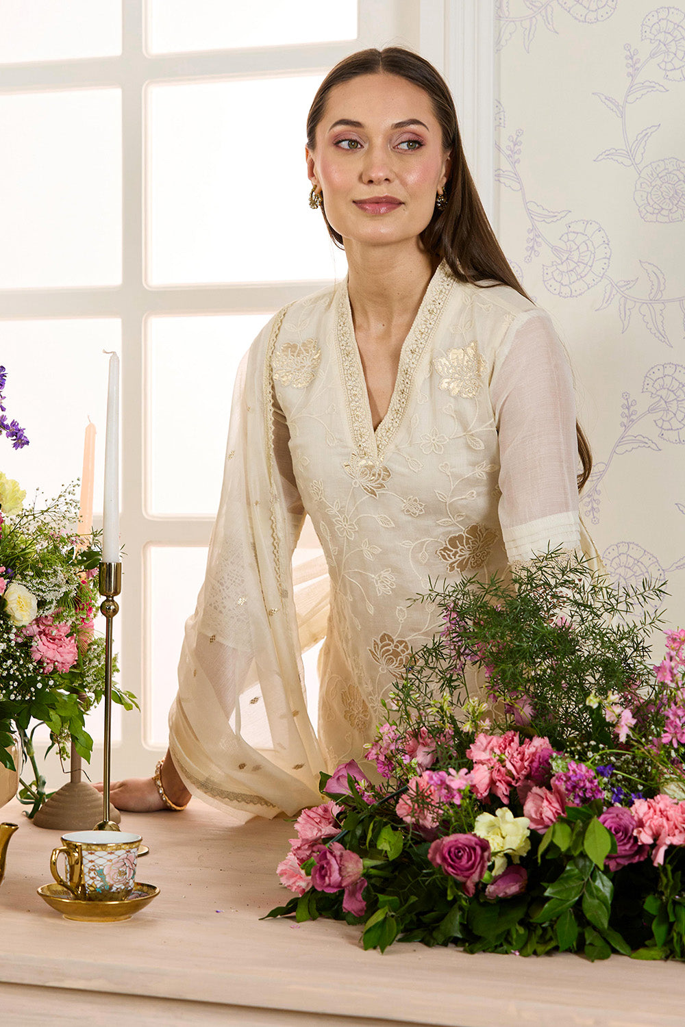 Cream Chanderi Cotton Floral Embroidered Suit