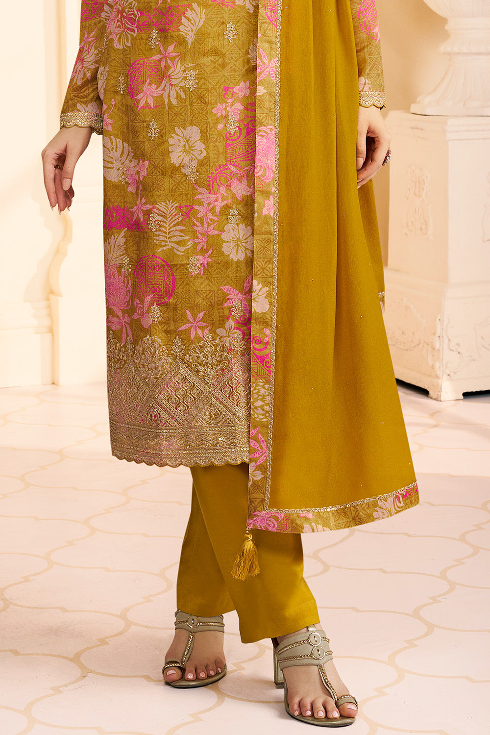 Mustard Chinone Silk Floral Printed And Embroidered Unstitched Suit Fabric