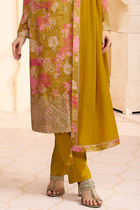 Mustard Chinone Silk Floral Printed And Embroidered Unstitched Suit Fabric