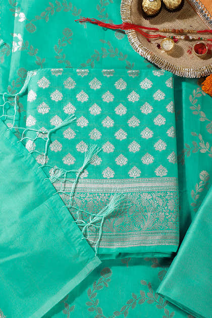 Sea Green Silk Zari Woven Unstitched Suit Fabric