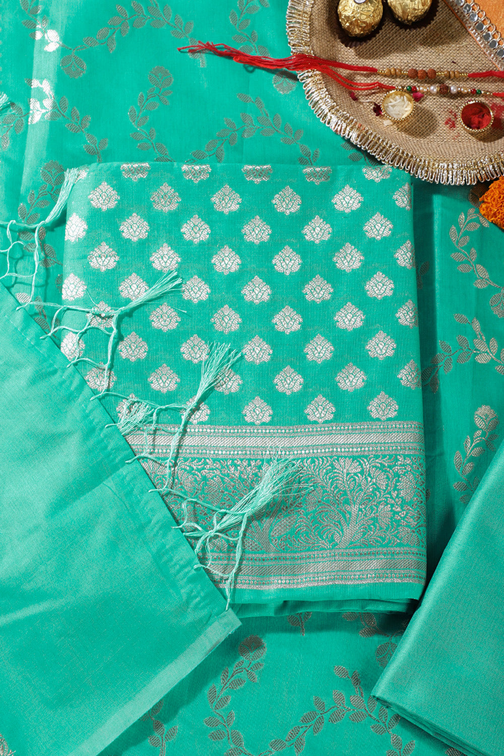 Sea Green Silk Zari Woven Unstitched Suit Fabric