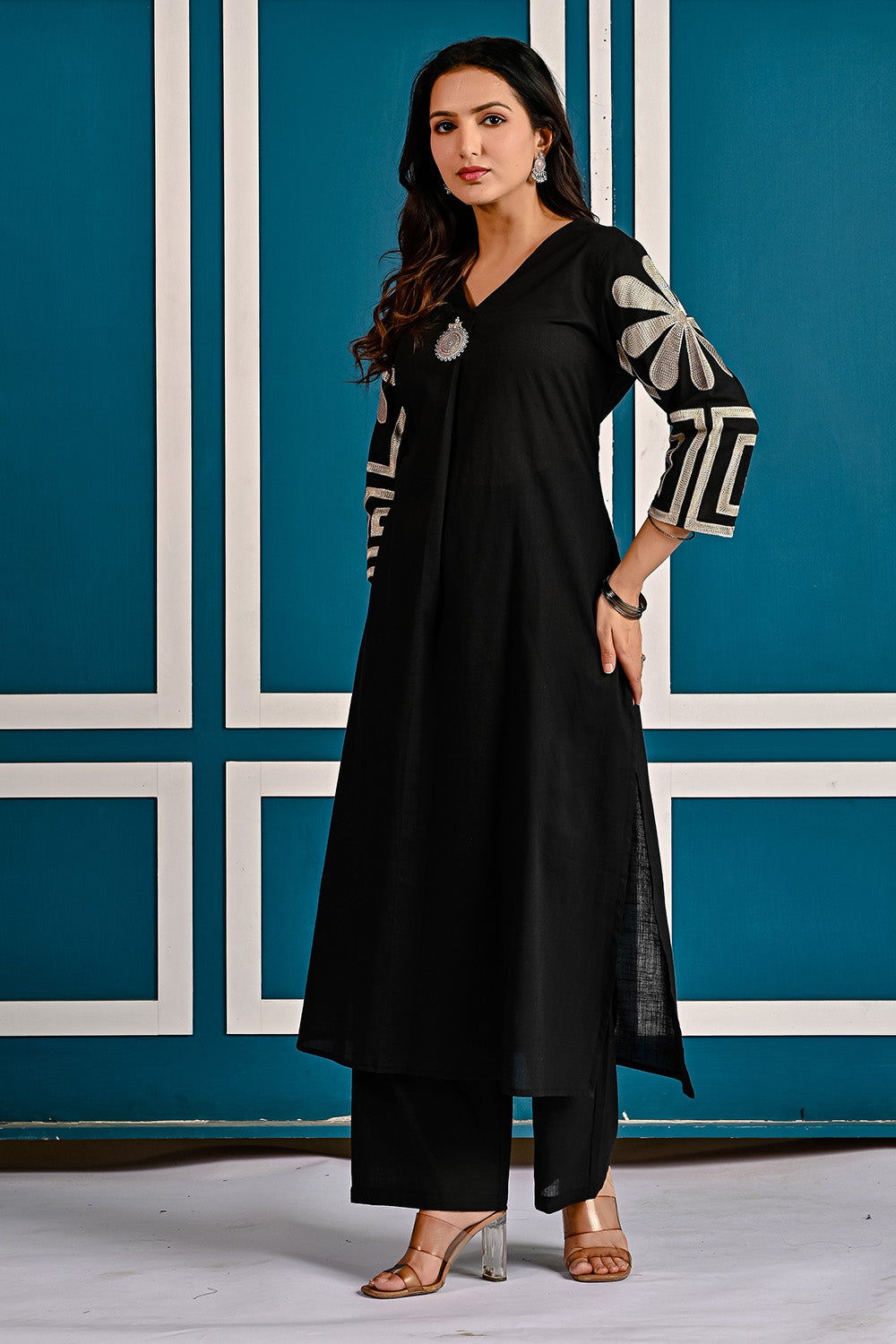 Black Floral Embroidered Cotton Kurta Set