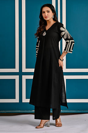 Black Floral Embroidered Cotton Kurta Set