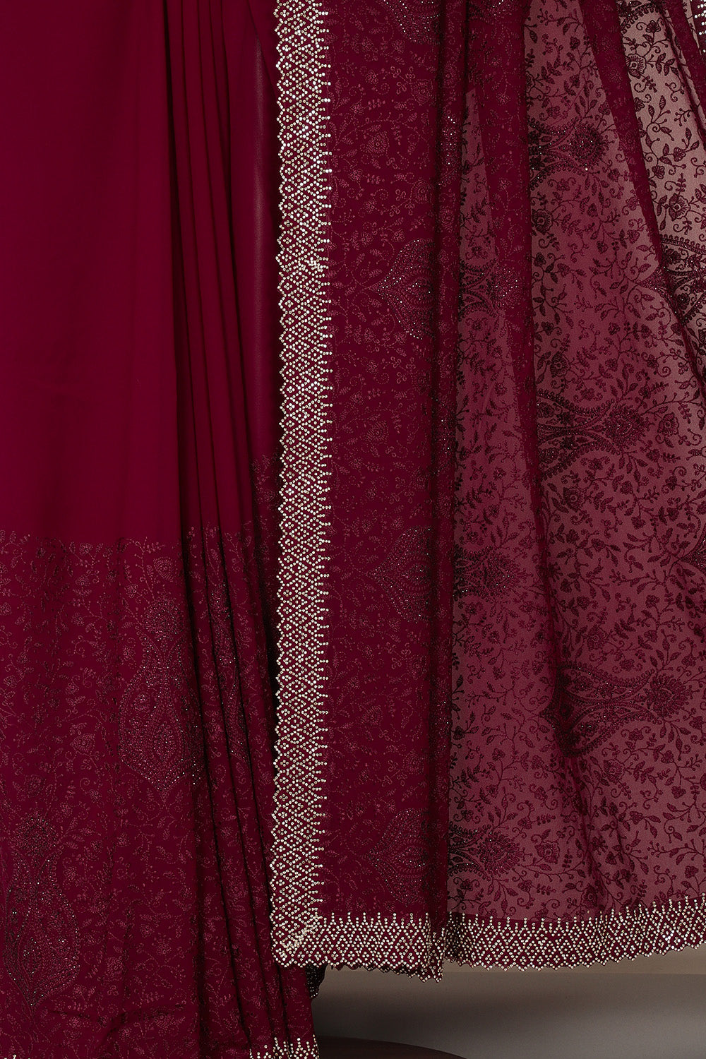 Wine Georgette Resham Floral Jal Woven And Swarovski Work Saree