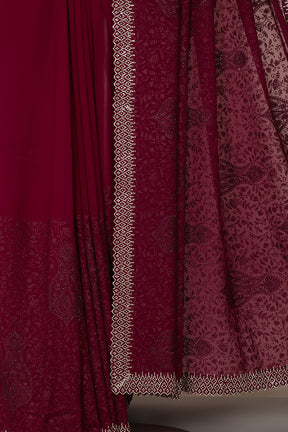 Wine Georgette Resham Floral Jal Woven And Swarovski Work Saree