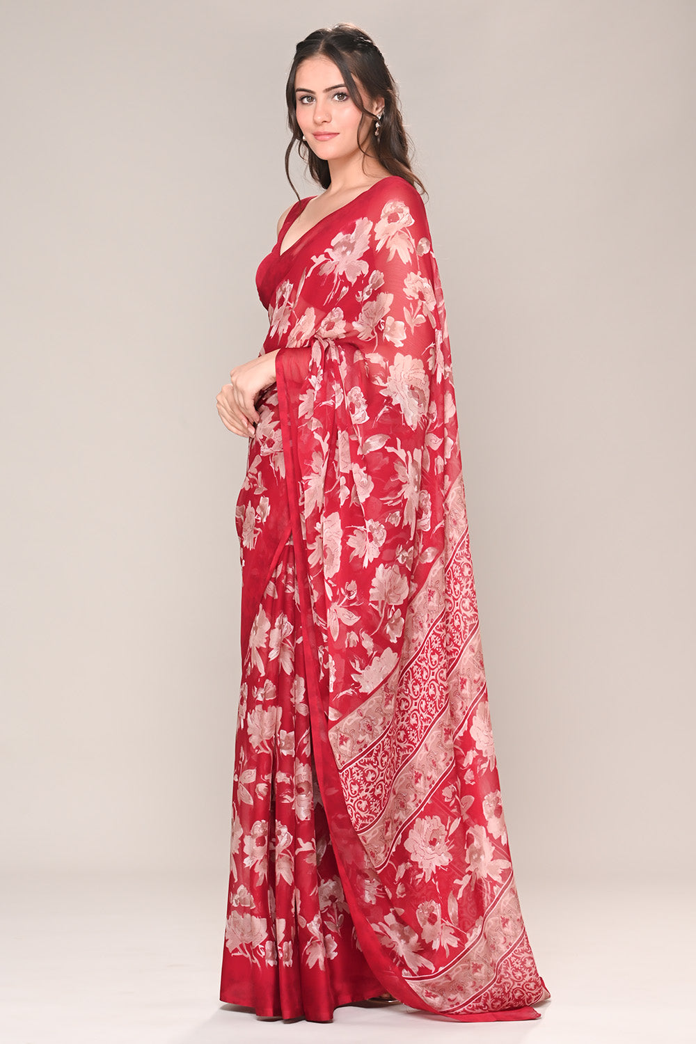 Maroon Color Floral Printed Chiffon Saree
