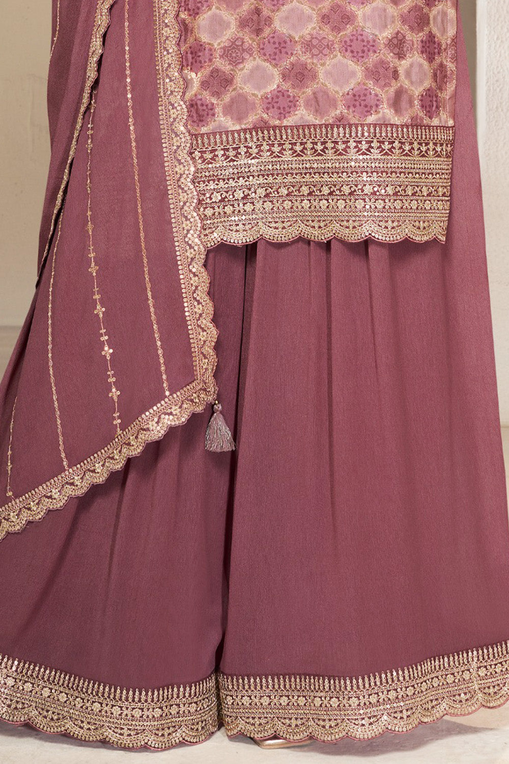 Dark Mauve Color Organza Silk Woven & Embroidered Suit with Sharara