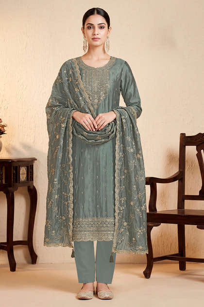 Grey Tissue Silk Embroidered Unstitched Suit Fabric