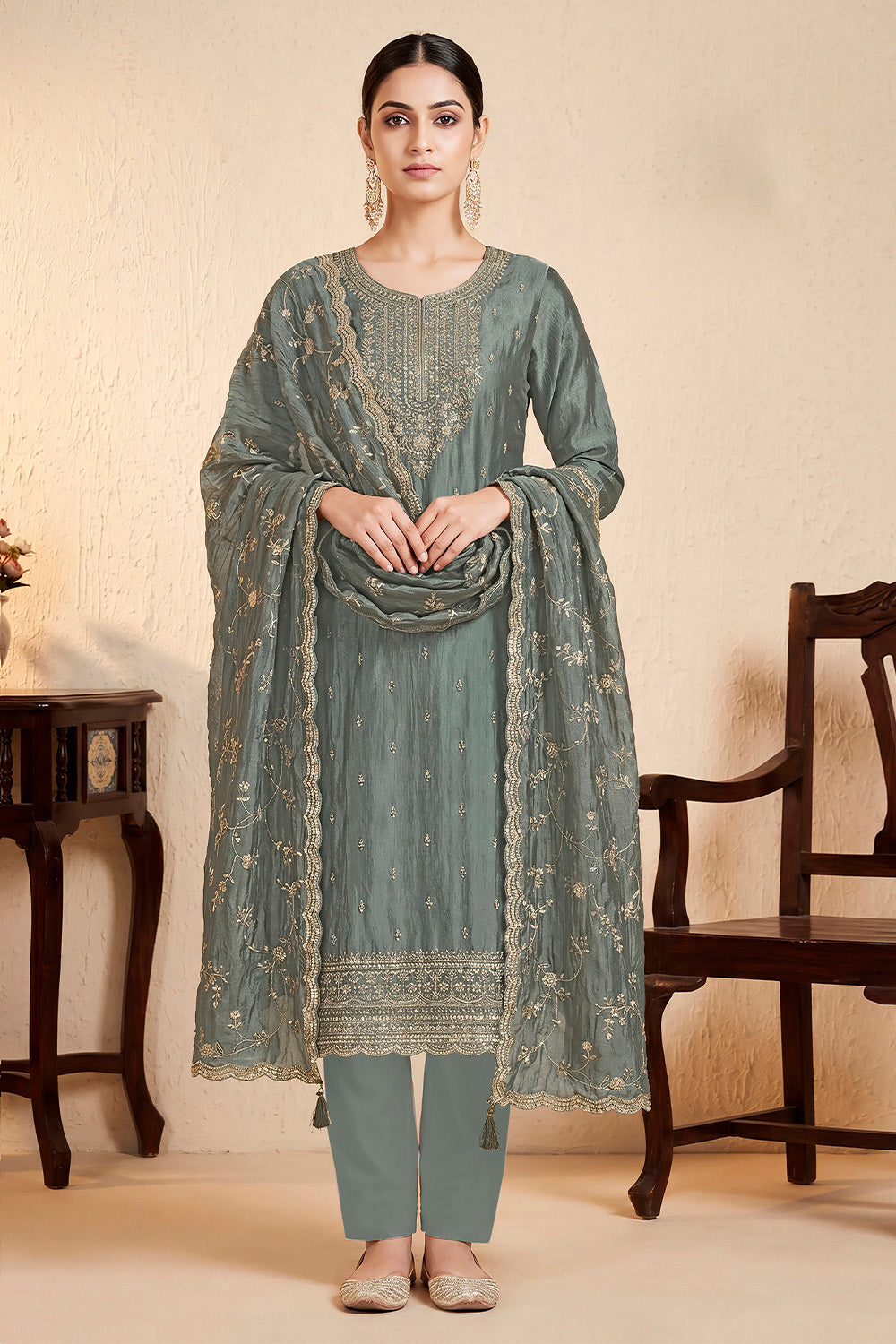 Grey Tissue Silk Embroidered Unstitched Suit Fabric