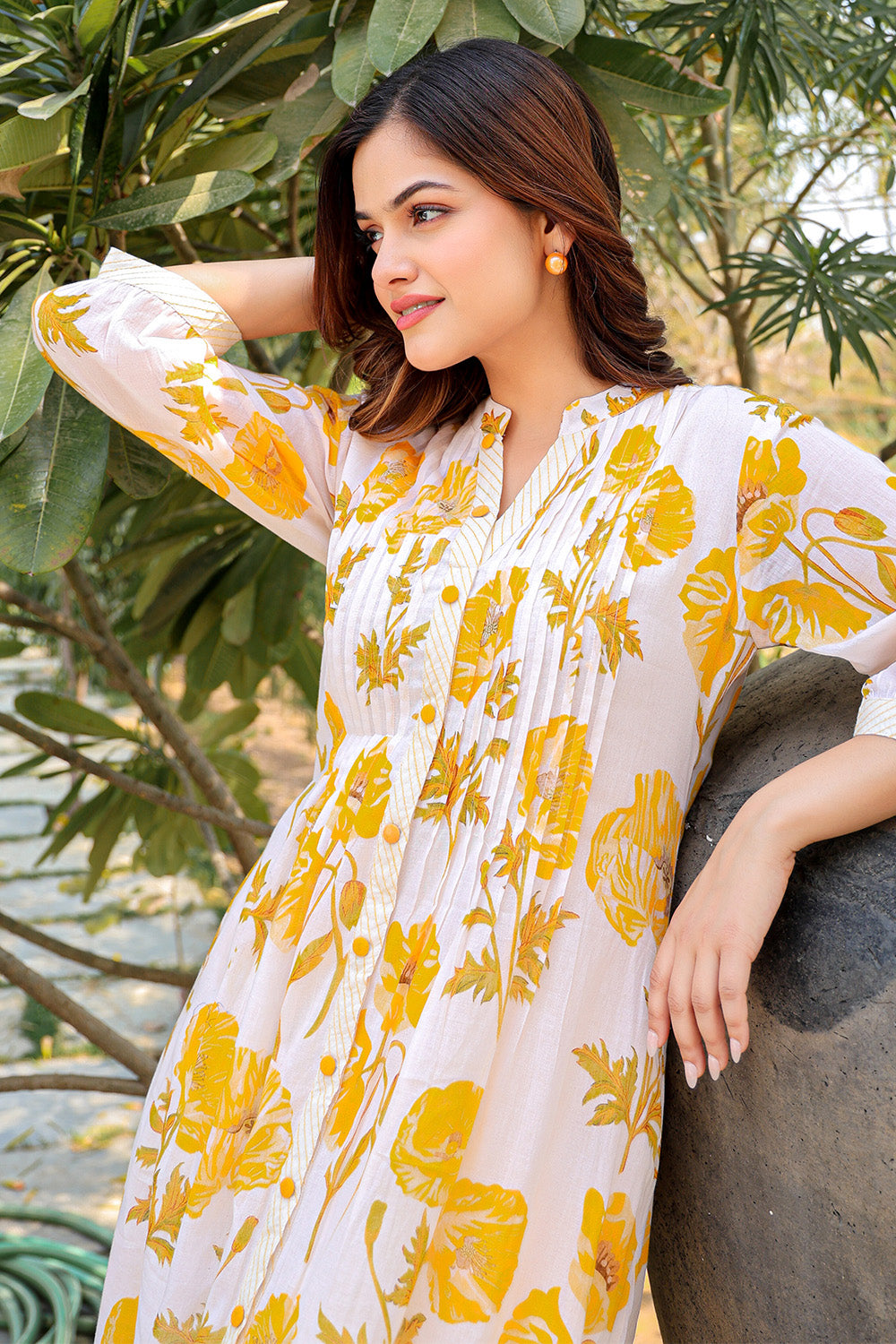 Cream & Yellow Cotton Floral Printed Kurta Set