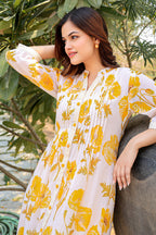 Cream & Yellow Cotton Floral Printed Kurta Set