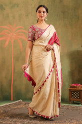 Cream Pure Tussar Zari And Gota-Patti Embroidered Saree