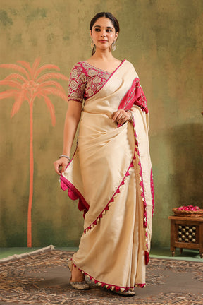 Cream Pure Tussar Zari And Gota-Patti Embroidered Saree