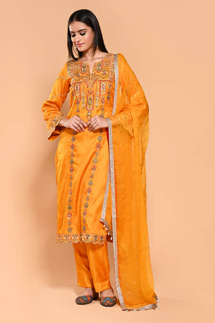 Mustard Color Dola Silk Resham & Zari Embroidered Suit