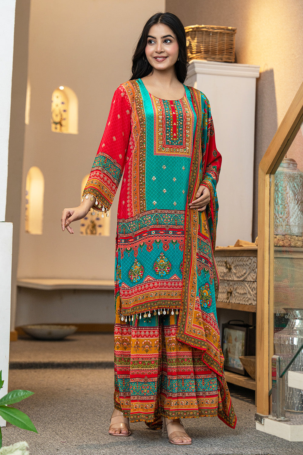 Teal & Mustard Crepe Silk Printed Suit With Printed Palazzo