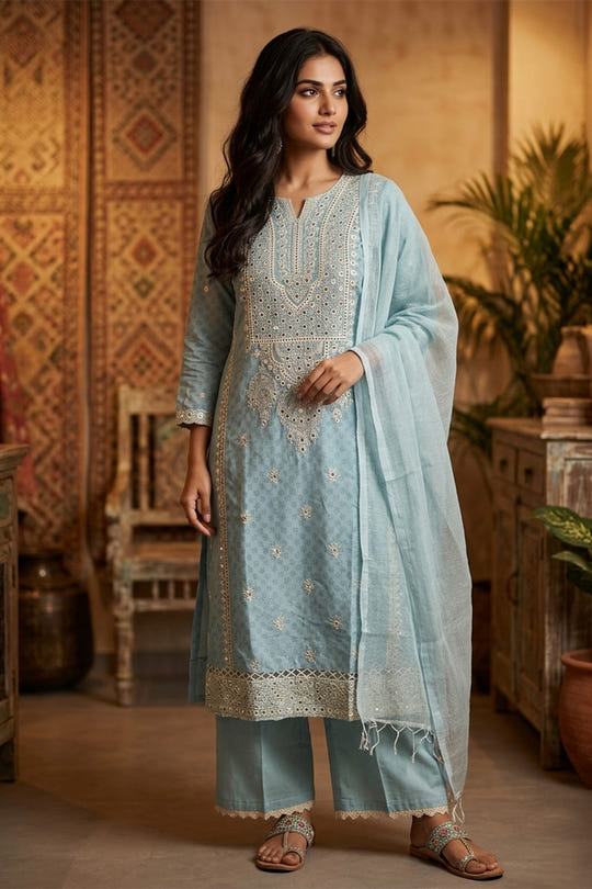 Light Blue Cotton Mirror Work & Resham Embroidered Suit