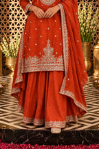 Rust Crepe Silk Embroidered Suit With Sharara